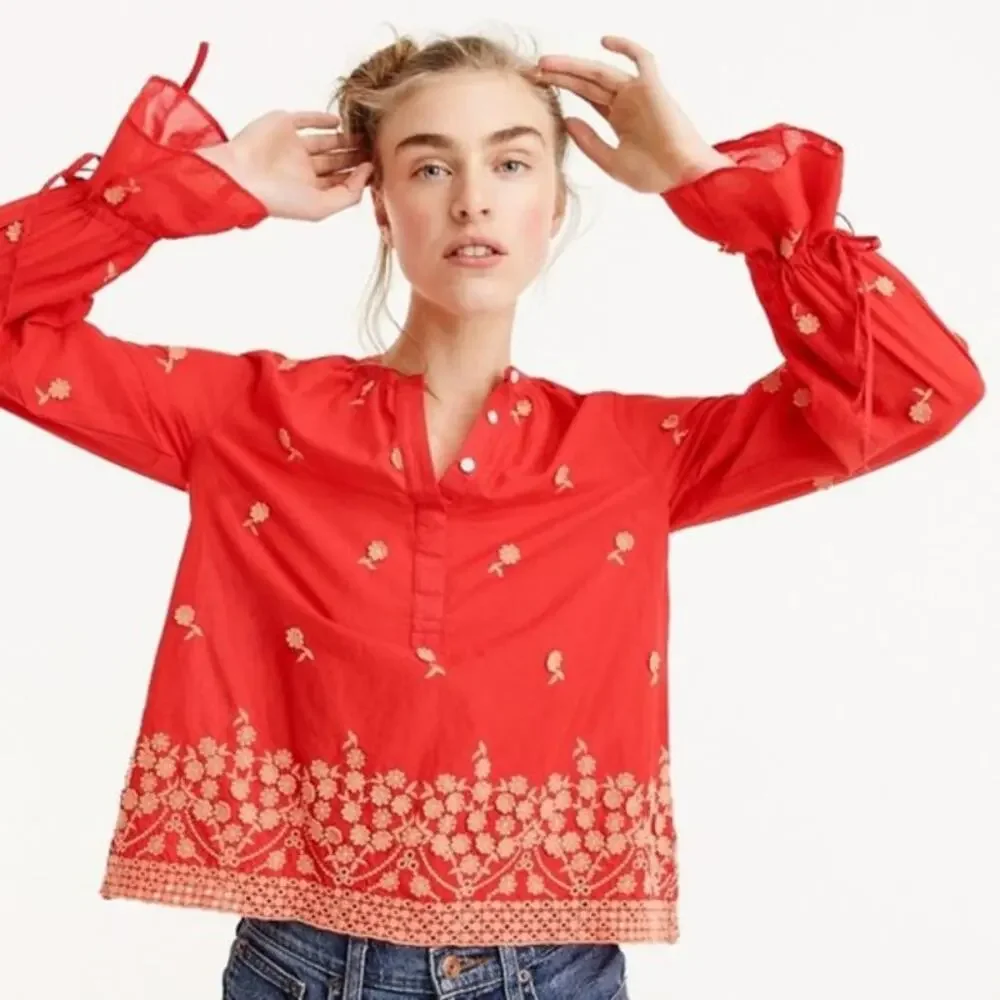 J. Crew White Embroidered Peasant Floral Popover Blouse